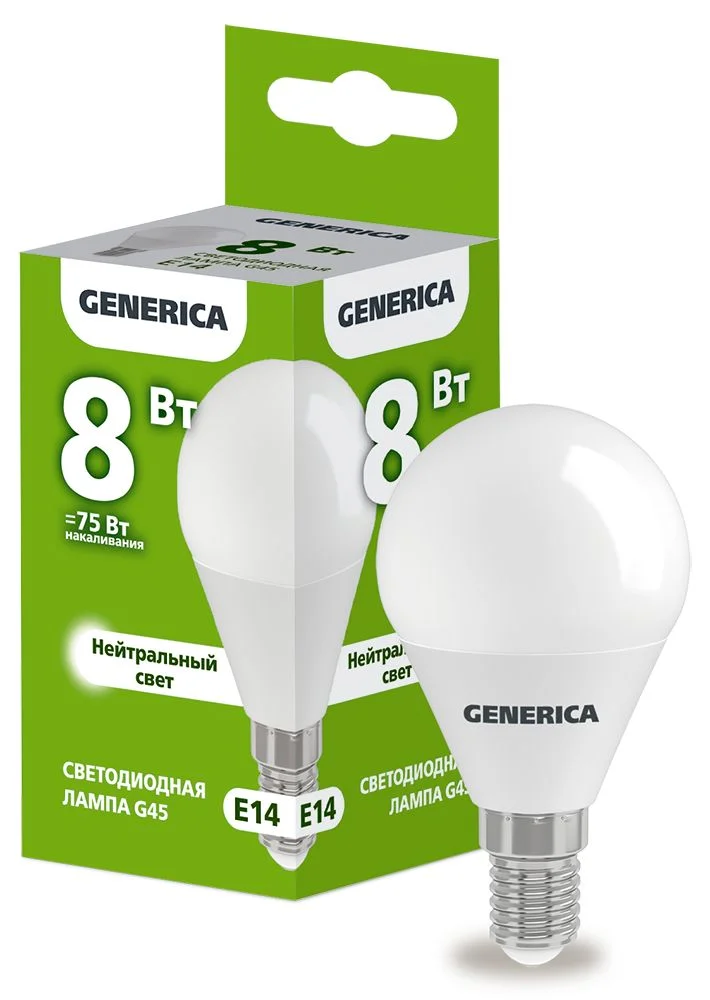 Лампа светодиодная G45 шар 8Вт 230В 4000К E14 GENERICA