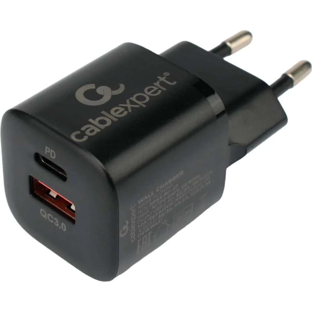 Зарядное устройство Cablexpert 20Вт, 3А, QC3.0/PD, 2 порта: USB/Type-C, черный (MP3A-PC-47)