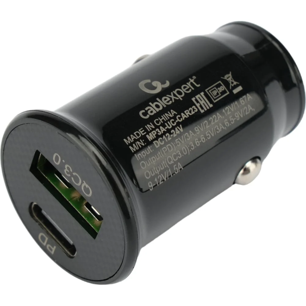 Автомобильное зарядное устройство Cablexpert 20Вт, QC3.0/PD, 2 порта: USB/Type-C (MP3A-UC-CAR23)