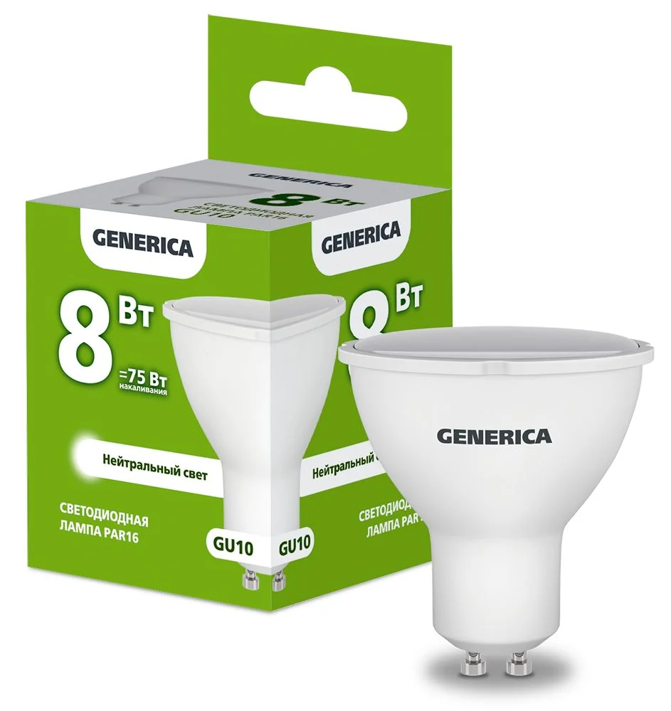 Лампа светодиодная PAR16 софит 8Вт 230В 4000К GU10 GENERICA
