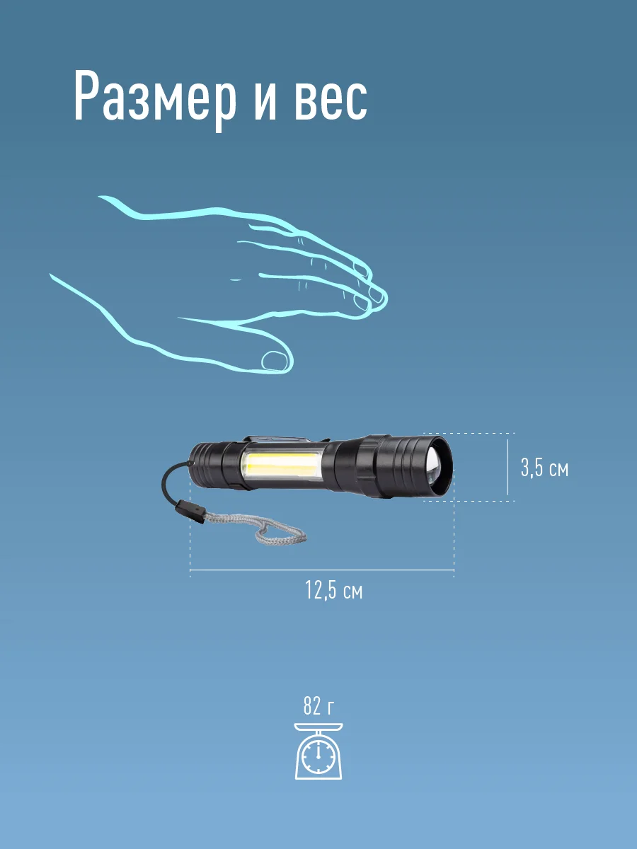 Фонарь ручной КОСМОС (KOS113Lit) аккум/1ВтLED+5ВтCOB/линза/зум/Li-ion 18650 1000mAh/ABS-пл/USB-шнур — фото 8