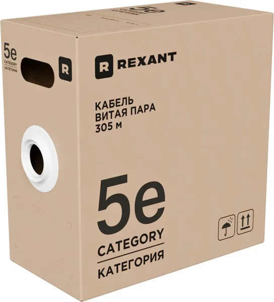 Кабель витая пара U/UTP, CAT 5e, PE, 4PR, 24AWG, OUTDOOR, SOLID, черный, 305м, серия LIGHT, РФ REXAN