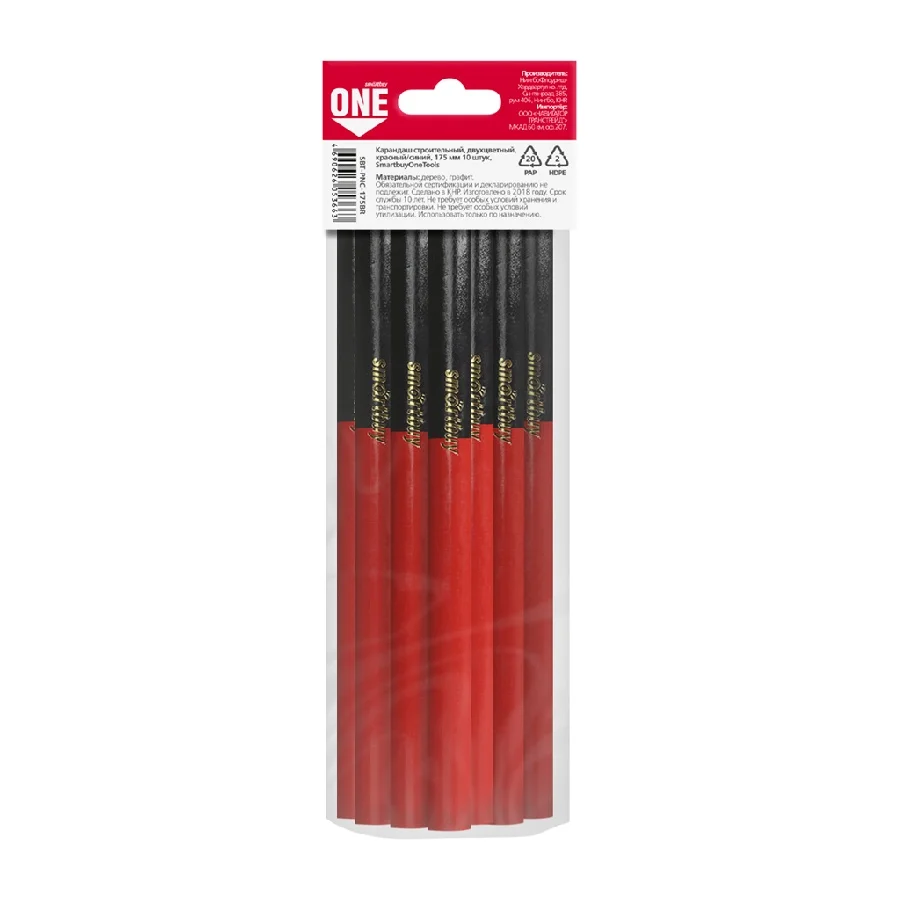 Карандаш строительный, двуцветный, красный/синий, 175 мм 10 штук, Smartbuy One Tools/288