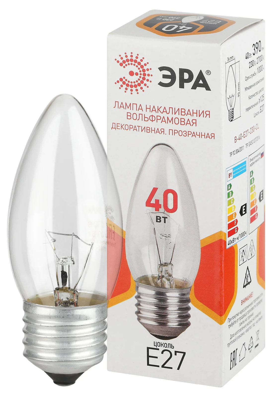 Лампа накаливания 40Вт 230В свеча прозрачная цветная коробка Е27B-40-E27-230-CL