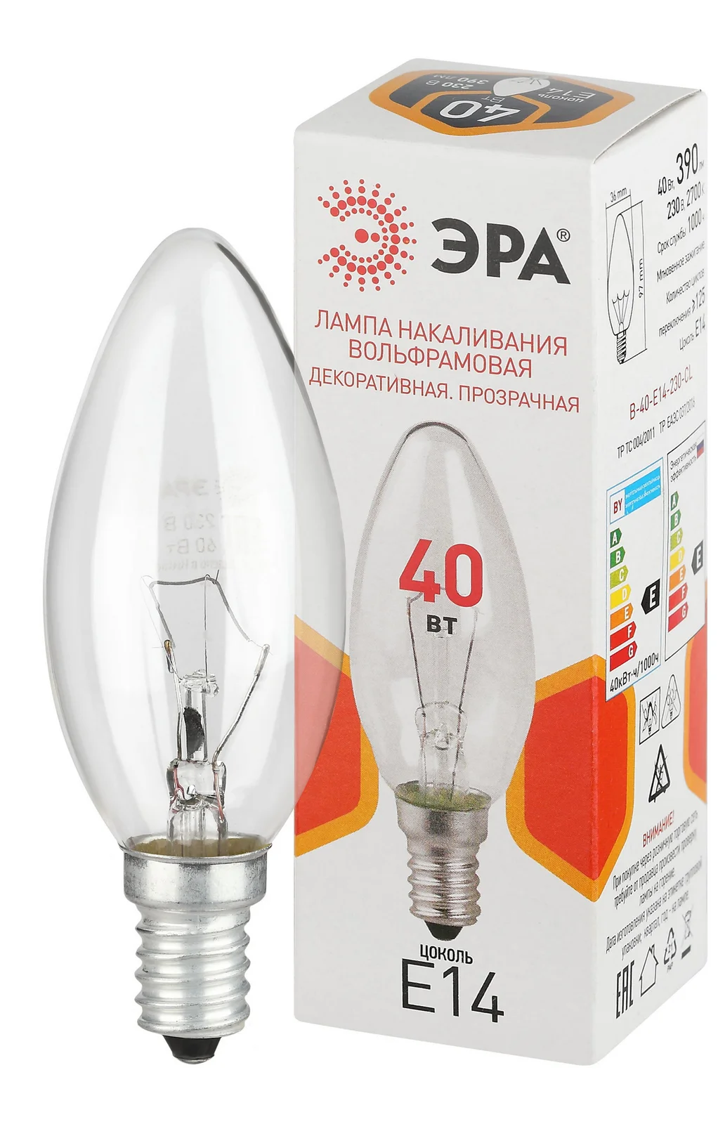 Лампа накаливания 40Вт 230В свеча прозрачная цветная коробка Е14 B-40-E14-230-CL