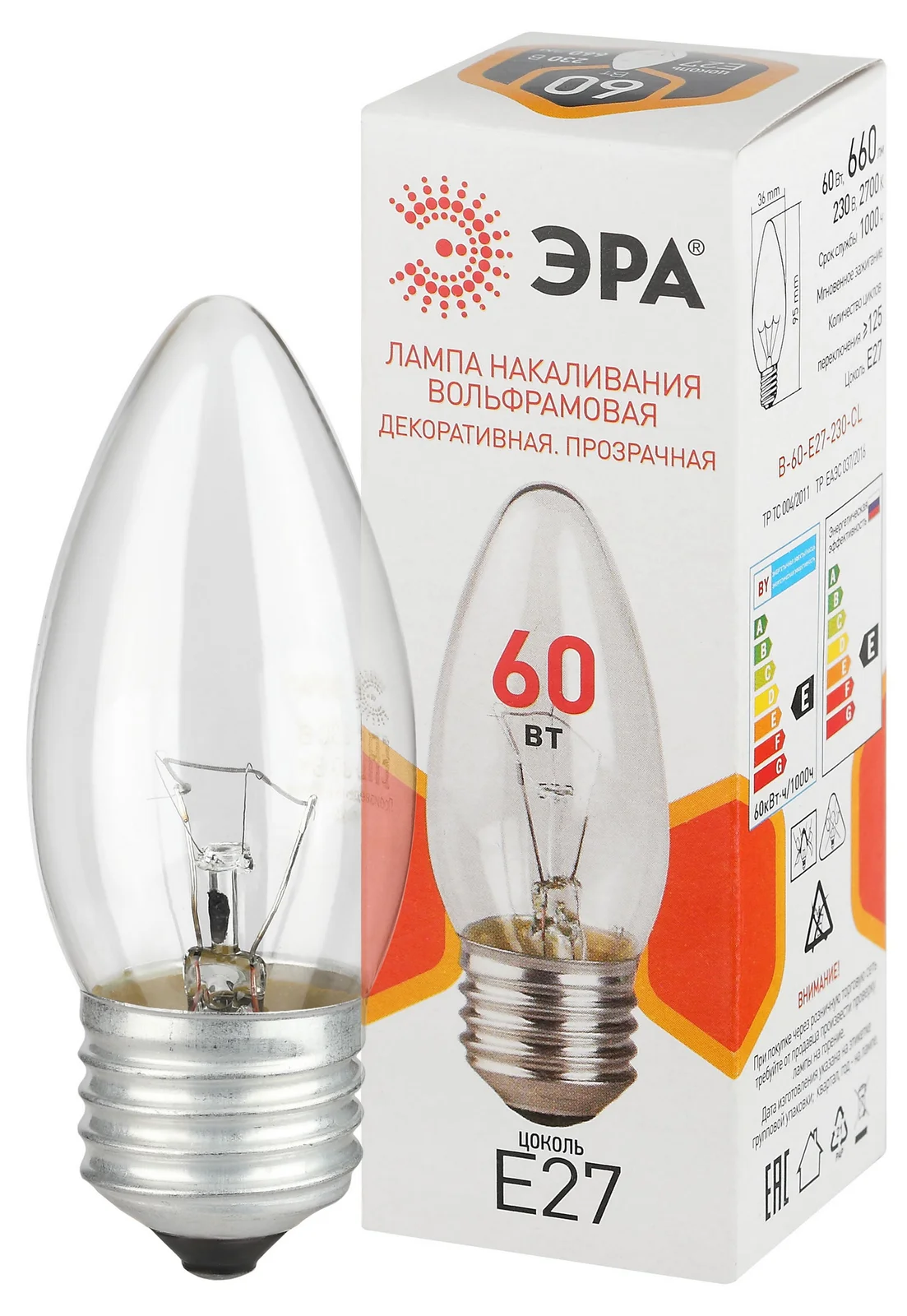 Лампа накаливания B-60-E27-230-CL 60Вт 230В свеча прозрачная цветная коробка Е27