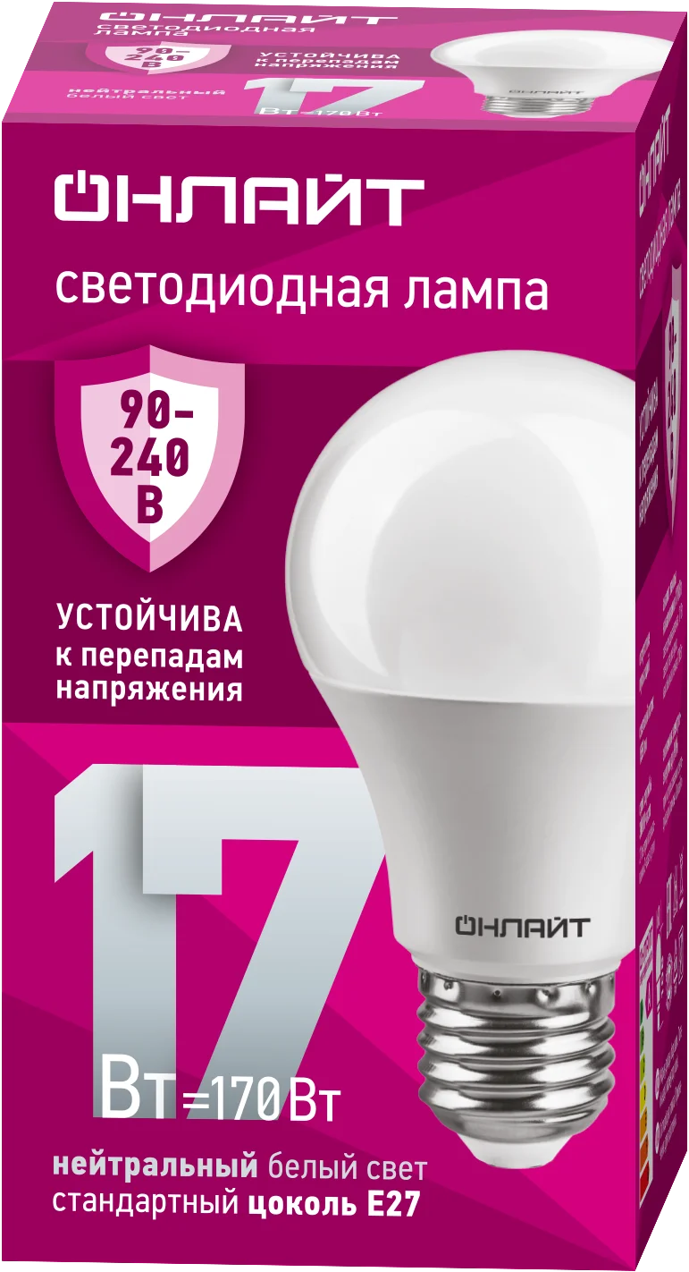 Лампа светодиодная 17 Вт OLL-A60-17-230-4K-E27 PRO 90-240В
