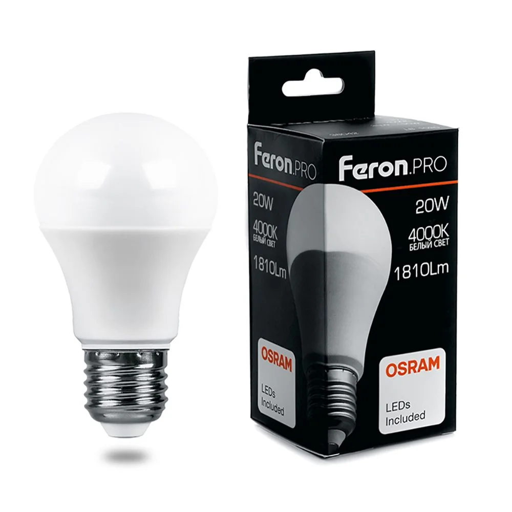 Лампа светодиодная 20W A65 230V E27 4000K A65, 1810Лм LB-1020 Feron Pro (Osram) арт. 38042