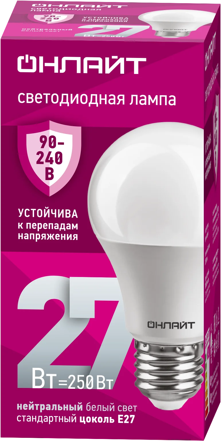Лампа светодиодная 27 Вт OLL-A60-27-230-4K-E27 PRO 90-240В