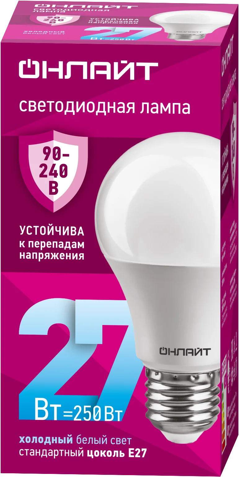 Лампа светодиодная 27 Вт OLL-A60-27-230-6.5K-E27 PRO 90-240В
