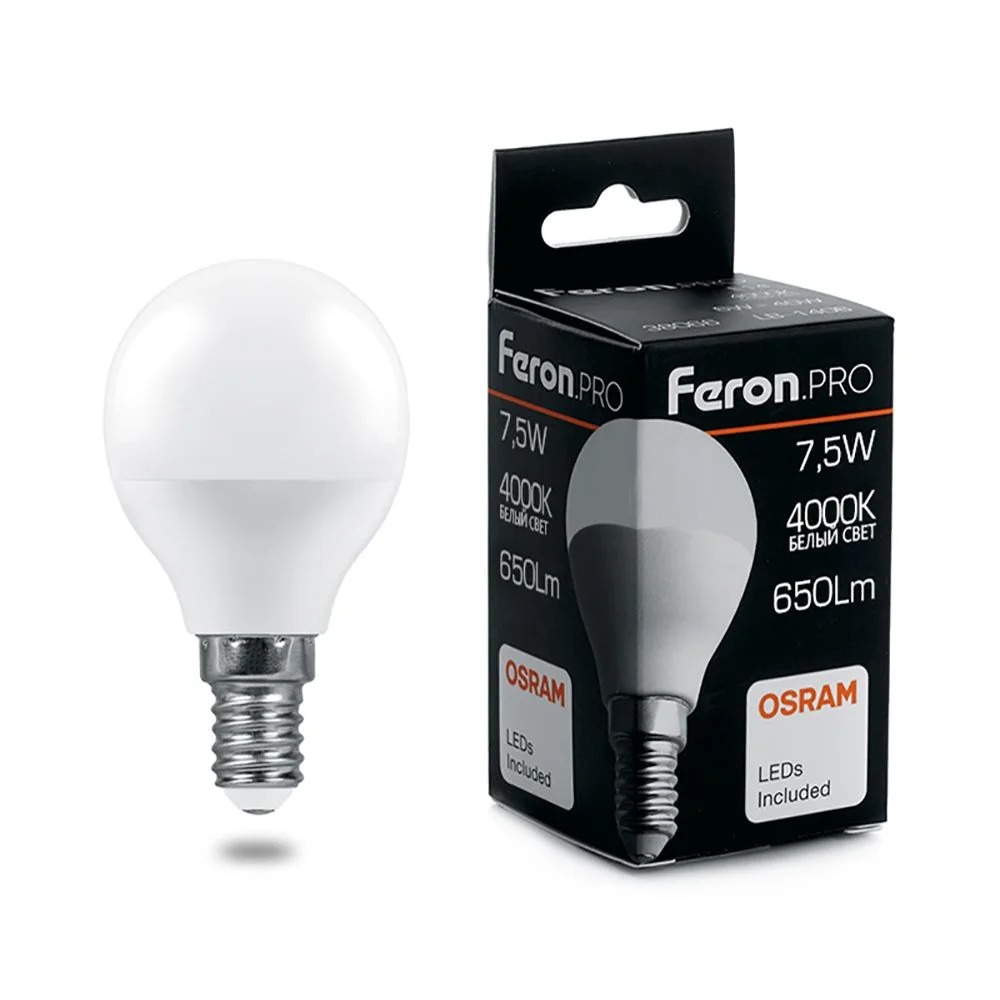 Лампа светодиодная 7.5W G45 (Шарик) 230V E14 4000K 650Лм 45х81 LB-1407 Feron Pro (Osram) арт. 38072