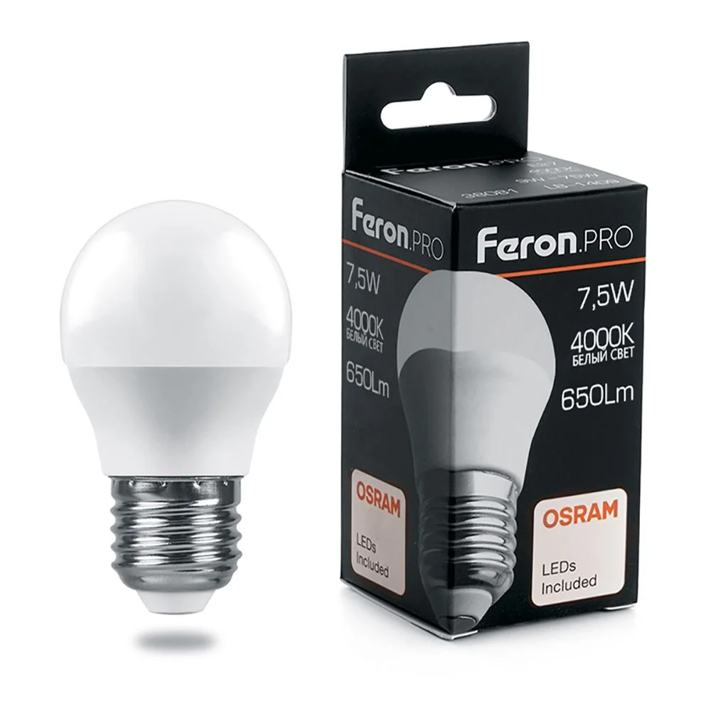 Лампа светодиодная 7.5W G45 (Шарик) 230V E27 4000K 650Лм 45х81 LB-1407 Feron Pro (Osram) арт. 38075