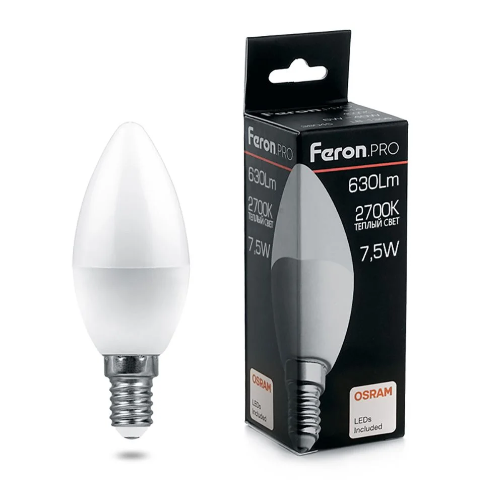 Лампа светодиодная 7.5W С37 (Свеча) 230V E14 2700K 630Лм 37х100 LB-1307 Feron Pro (Osram) арт. 38053