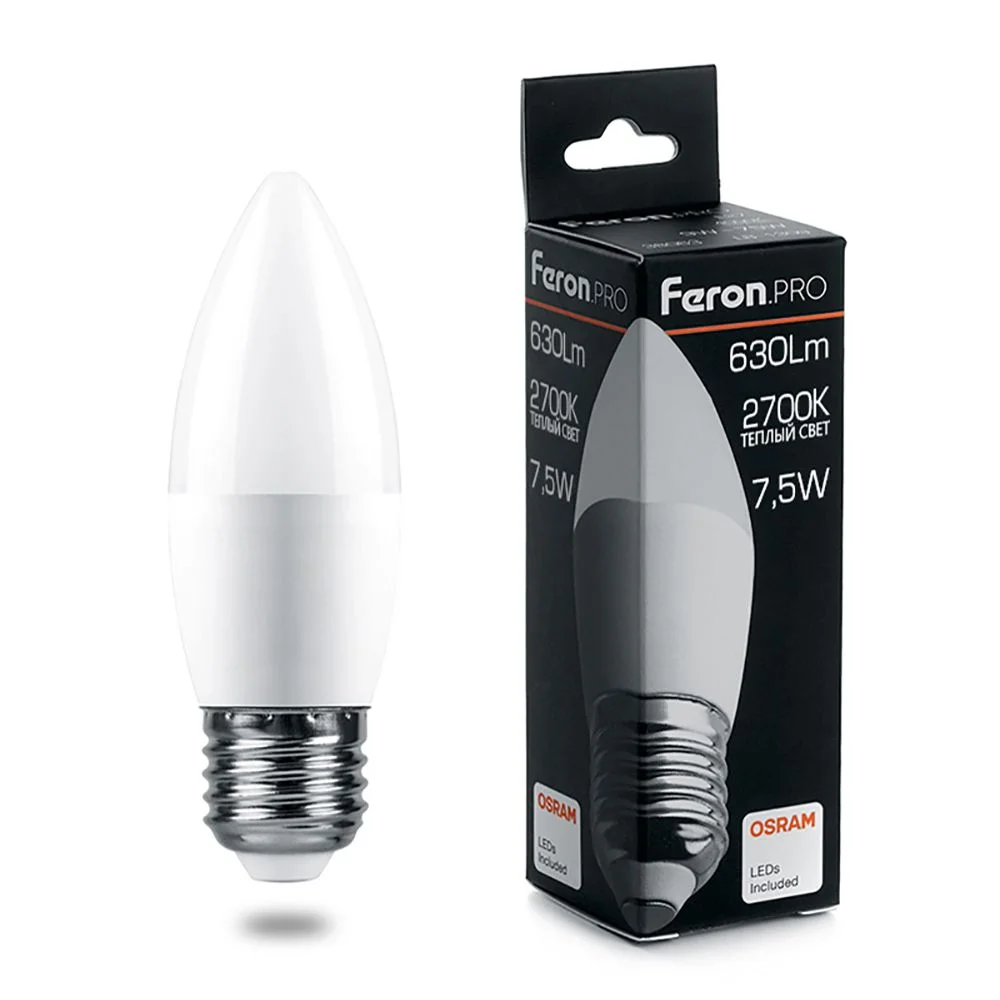 Лампа светодиодная 7.5W С37 (Свеча) 230V E27 2700K 630Лм 37х100 LB-1307 Feron Pro (Osram) арт. 38056
