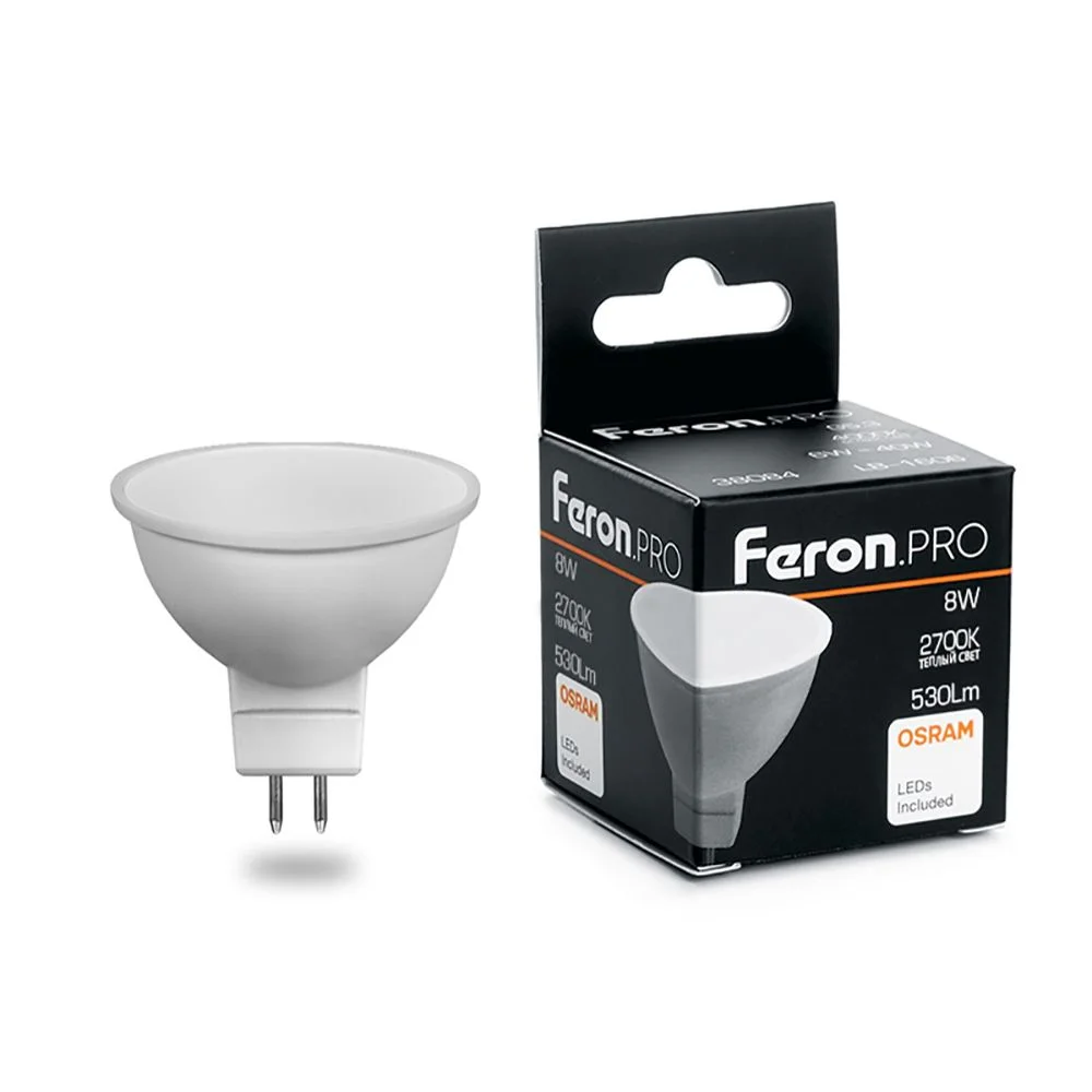 Лампа светодиодная 8W 230V G5.3 2700K MR16, 530Лм LB-1608 Feron Pro (Osram) арт 38089