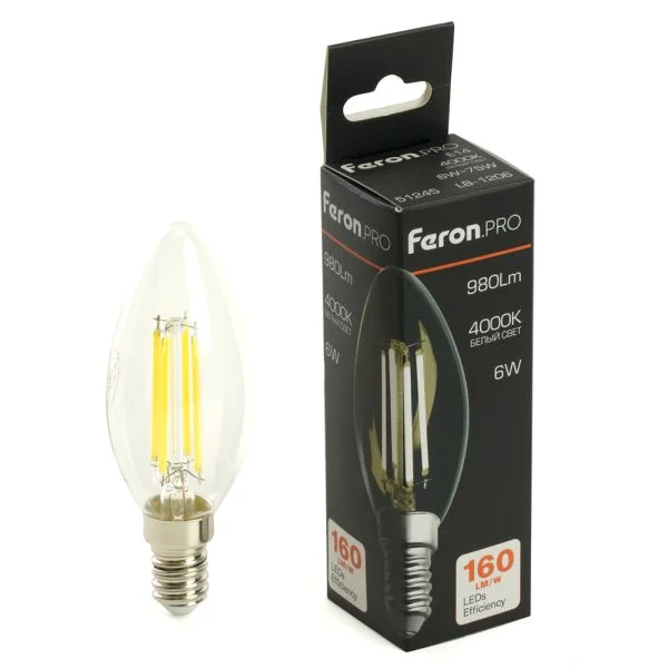 Лампа светодиодная, 980LM 6W 175-265V E14 4000K 160LM/W C35 прозрачная, LB-1206 Арт. 51245