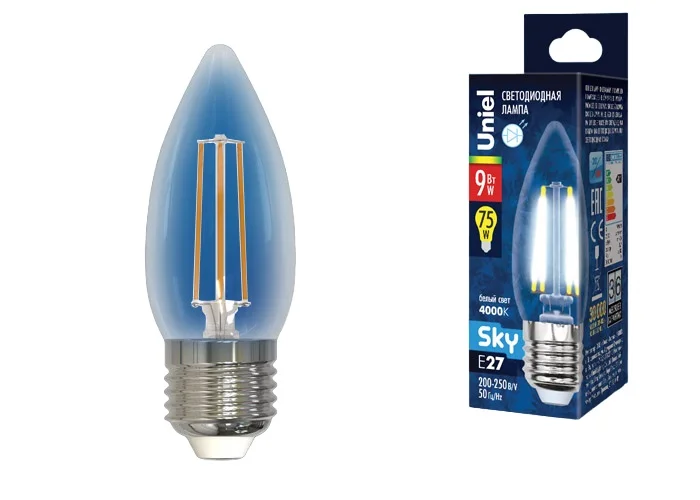 Лампа светодиодная Форма свеча прозрачная Серия Sky Белый свет (4000К) LED-C35-9W/4000K/E27/CL PLS02WH Картон ТМ
