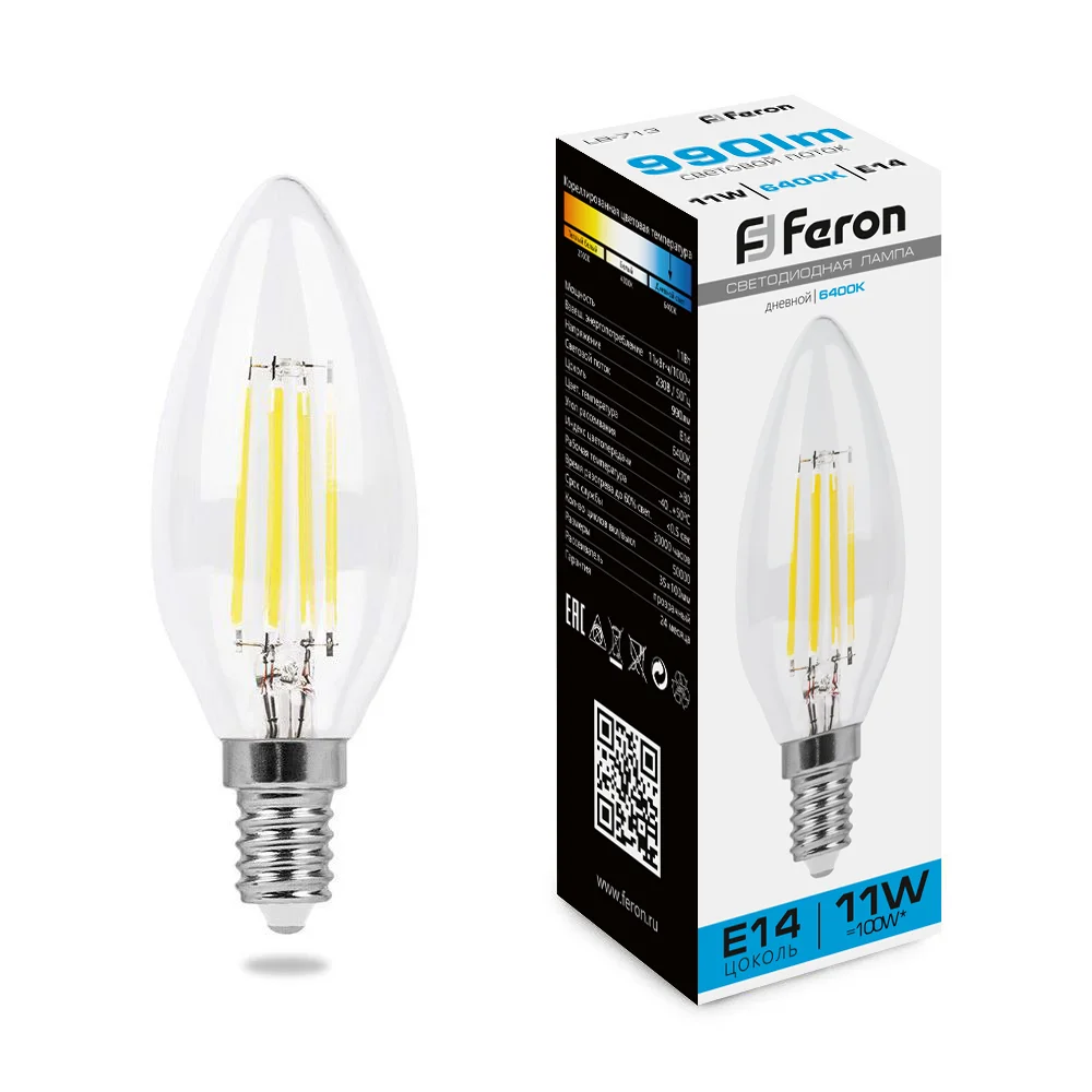 Лампа светодиодная LED 11вт Е14 дневной свеча FILAMENT