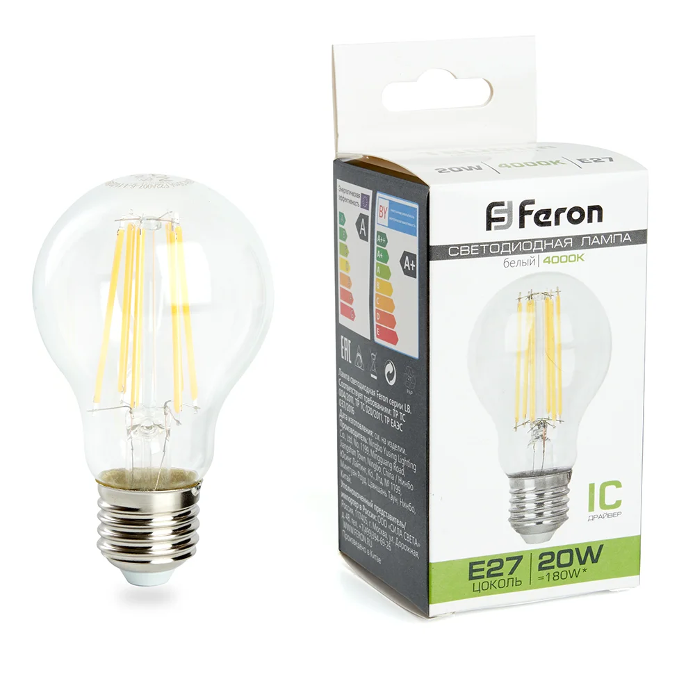 Лампа светодиодная LED 20вт Е27 белый FILAMENT