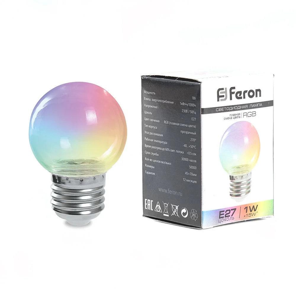 Лампа светодиодная LED 3вт Е27 прозрачный RGB плавная смена цвета шар G60