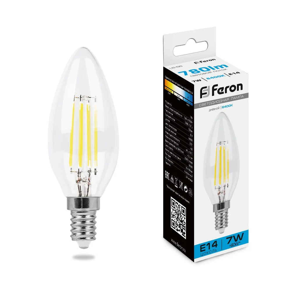 Лампа светодиодная LED 7вт Е14 дневной свеча FILAMENT