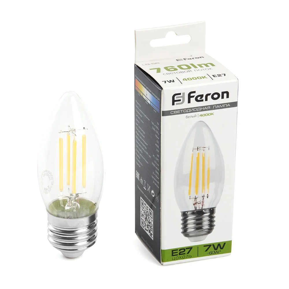 Лампа светодиодная LED 7вт Е27 белый свеча FILAMENT