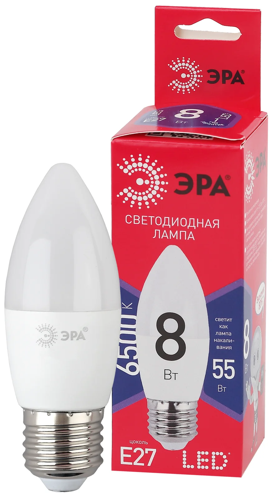 Лампа светодиодная LED 8 Вт 640Лм 6500К свеча холодный E27 220-240В LED B35-8W-865-E27 Red Line