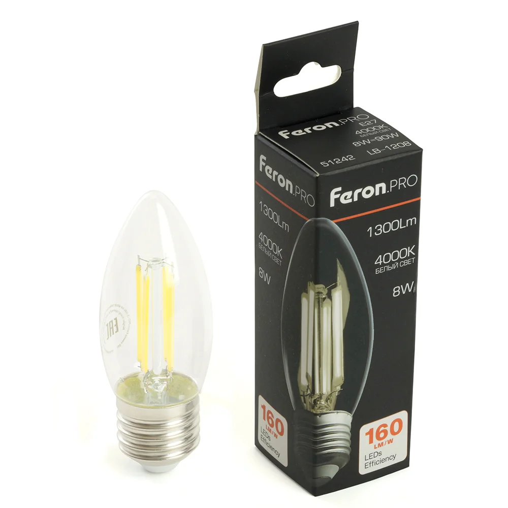 Лампа светодиодная LED 8вт Е27 белый свеча FILAMENT .PRO