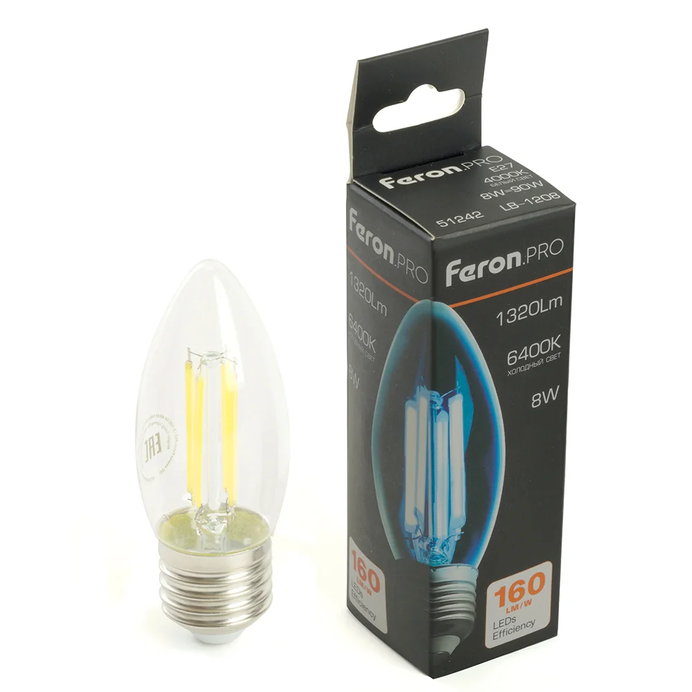 Лампа светодиодная LED 8вт Е27 дневной свеча FILAMENT .PRO