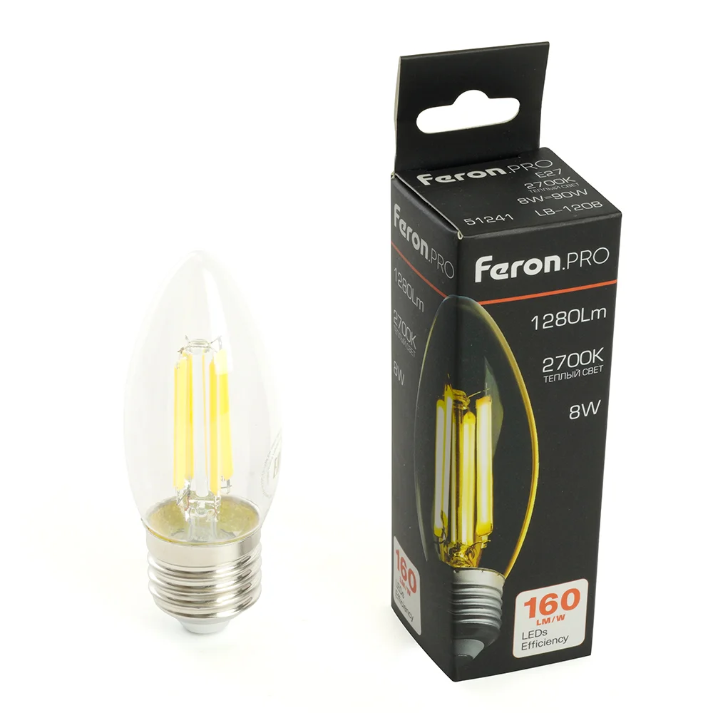 Лампа светодиодная LED 8вт Е27 теплый свеча FILAMENT .PRO