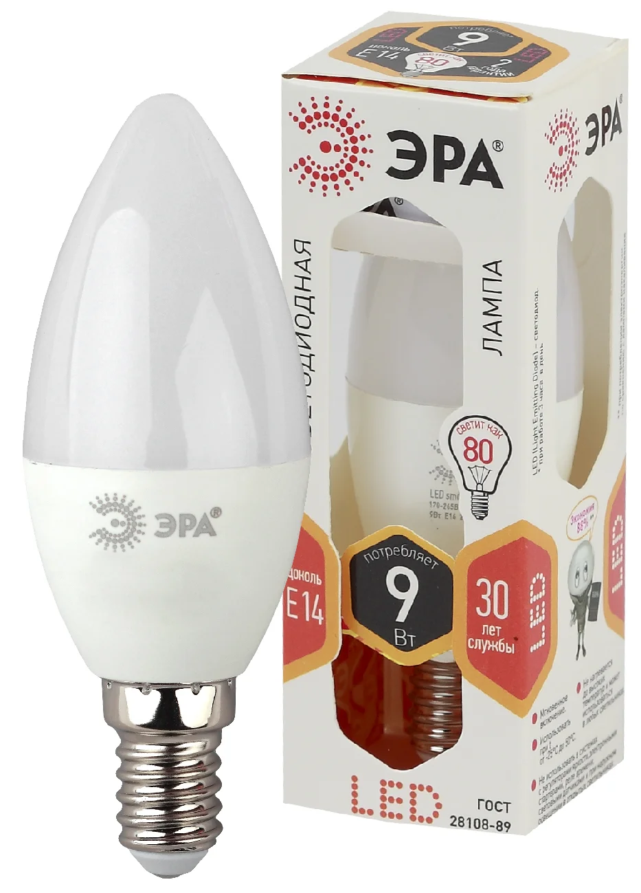 Лампа светодиодная LED 9 Вт 720Лм 2700К свеча теплый E14 170-265В LED B35-9W-827-E14 Standart