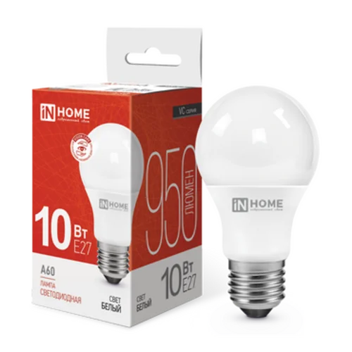 Лампа светодиодная LED-A60-VC 10Вт 230В Е27 4000К 950Лм IN HOME