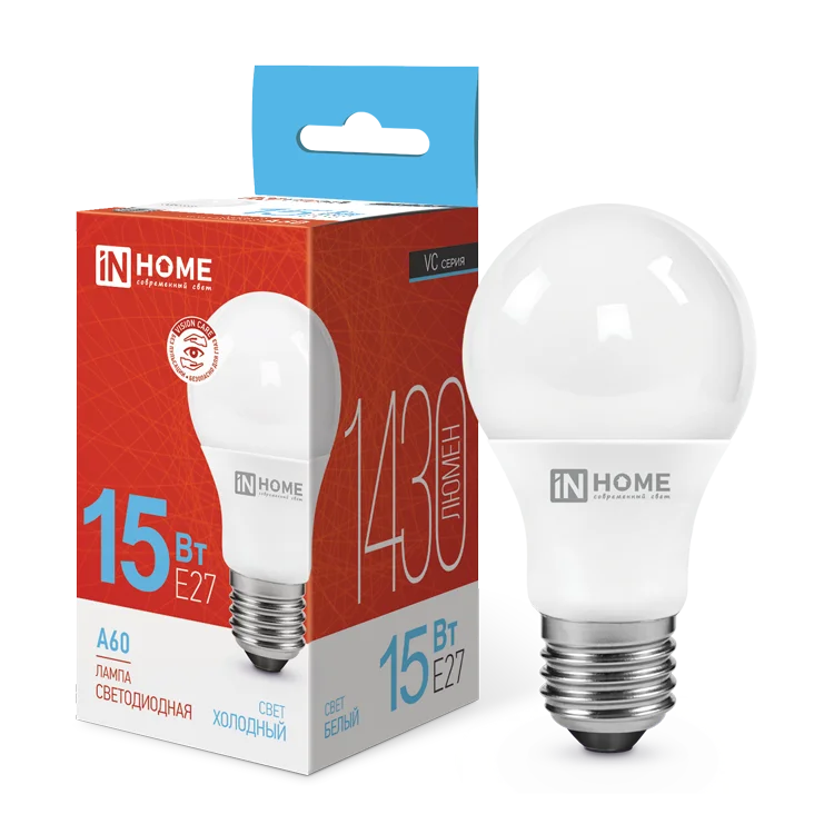 Лампа светодиодная LED-A60-VC 15Вт 230В Е27 6500К 1430Лм IN HOME