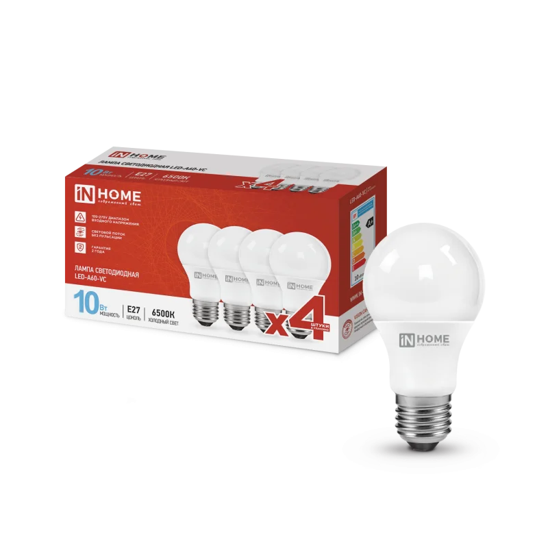Лампа светодиодная LED-A60-VC 4PACK 10Вт 230В Е27 6500К 950Лм (4шт./упак) IN HOME