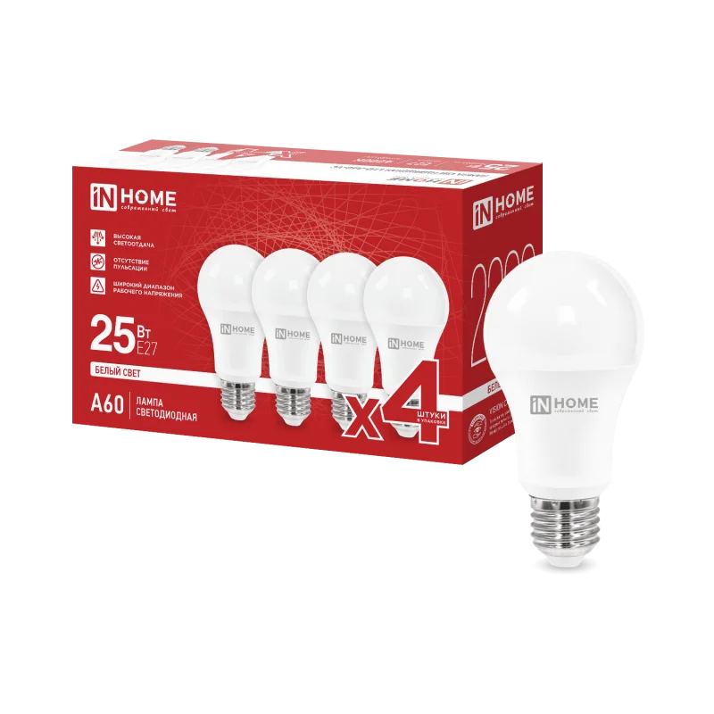 Лампа светодиодная LED-A60-VC 4PACK 25Вт 230В Е27 4000К 2380Лм (4шт./упак) IN HOME