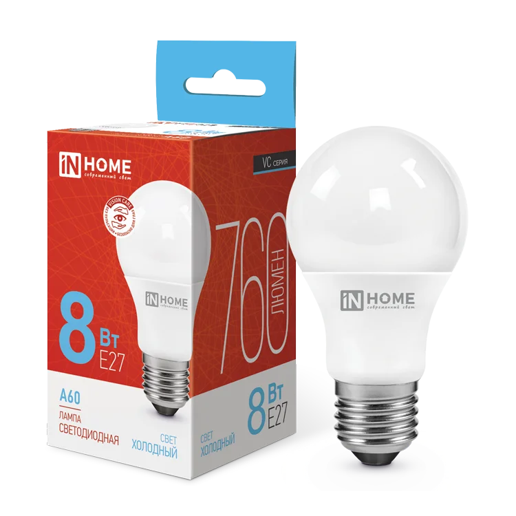 Лампа светодиодная LED-A60-VC 8Вт 230В Е27 6500К 760Лм IN HOME