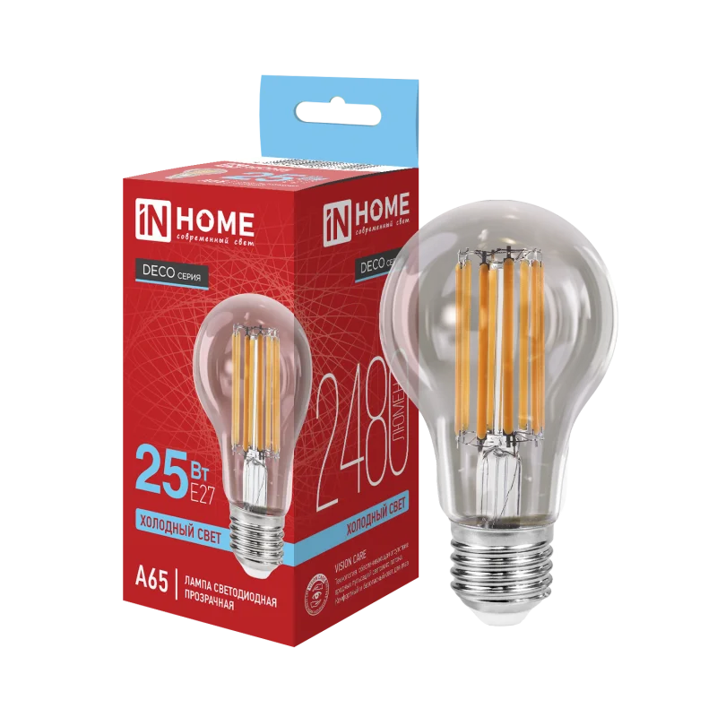 Лампа светодиодная LED-A65-deco 25Вт 230В Е27 6500К 2480Лм прозрачная IN HOME
