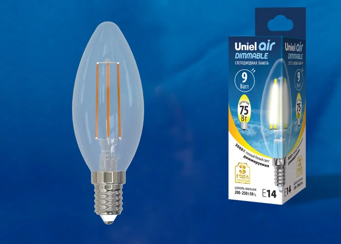 Лампа светодиодная LED-C35-9W/3000K/E14/CL/DIM GLA01TR диммируемая форма ''свеча'' прозрачная Air теплый (3000K) картон