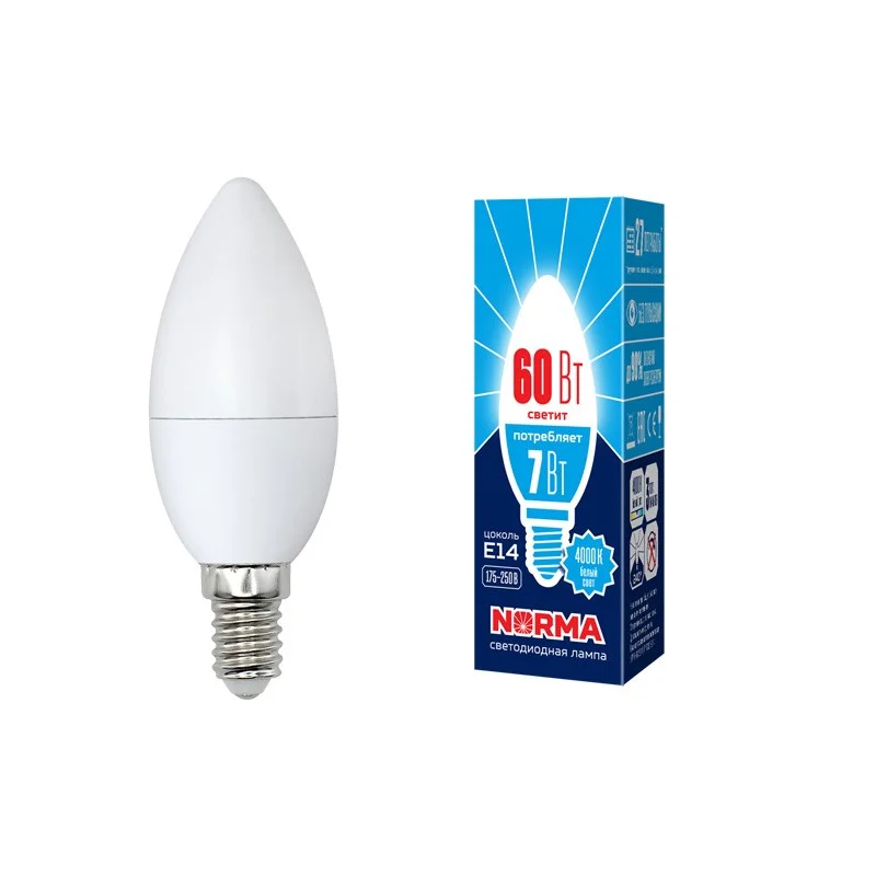 Лампа светодиодная LED-C37-7W/NW/E14/FR/NR форма свеча, матовая, Norma, (4000K)