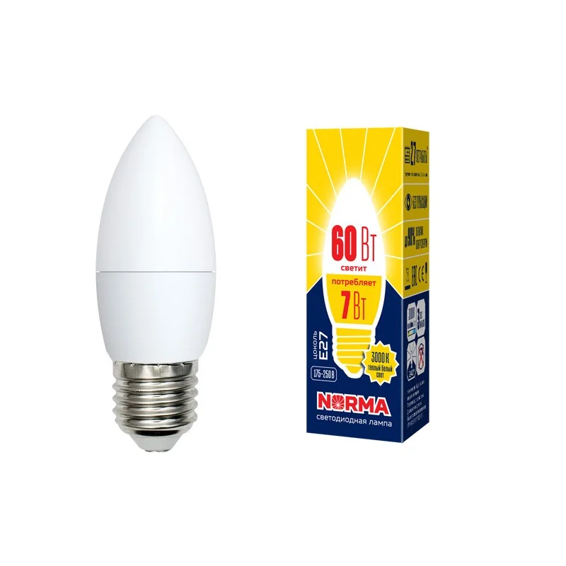 Лампа светодиодная LED-C37-7W/WW/E27/FR/NR форма свеча, матовая, Norma, теплый (3000K)
