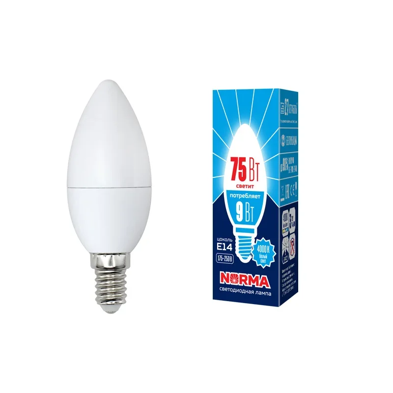 Лампа светодиодная LED-C37-9W/NW/E14/FR/NR лампа светодиодная, форма свеча, матовая, Norma, белый свет (4000K), картон, ТМ Volpe