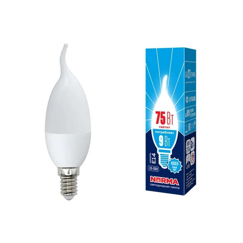 Лампа светодиодная LED-CW37-9W/NW/E14/FR/NR Форма свеча на ветру, матовая, Norma, белый свет (4000K), картон, ТМ Volpe