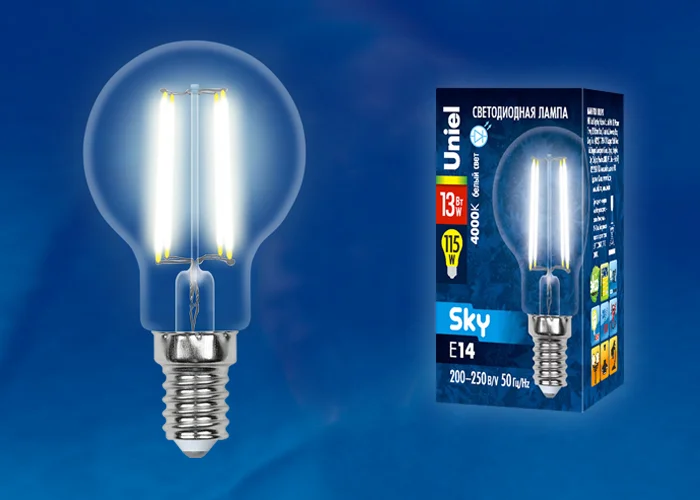 Лампа светодиодная LED-G45-13W/4000K/E14/CL PLS02WH . Форма шар, прозрачная, Sky. (4000К). Картон
