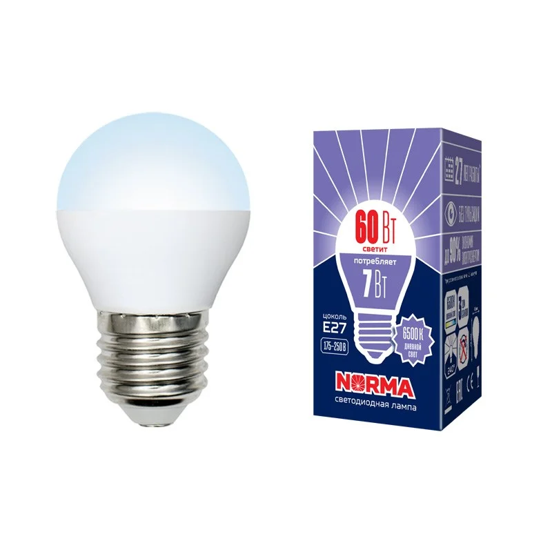 Лампа светодиодная LED-G45-7W/DW/E27/FR/NR Форма шар, матовая, Norma, дневной белый свет (6500K), картон, ТМ Volpe