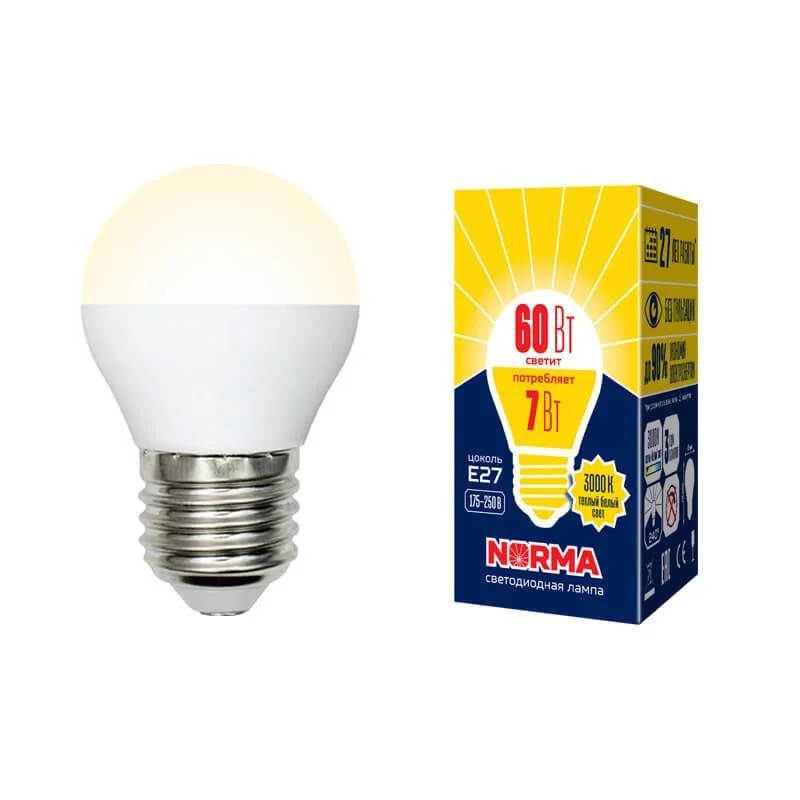 Лампа светодиодная LED-G45-7W/WW/E27/FR/NR . Форма шар, матовая, Norma, теплый белый свет (3000K), картон, ТМ Volpe