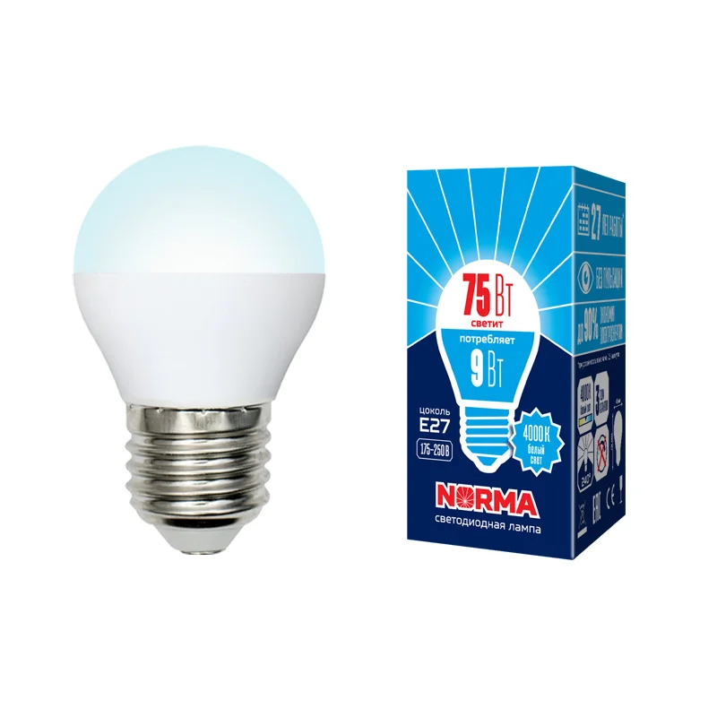 Лампа светодиодная LED-G45-9W/NW/E27/FR/NR форма шар, матовая, Norma, (4000K)