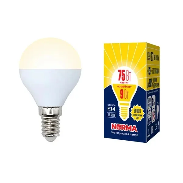 Лампа светодиодная LED-G45-9W/WW/E14/FR/NR Форма шар, матовая, Norma, теплый белый свет (3000K), картон, ТМ Volpe
