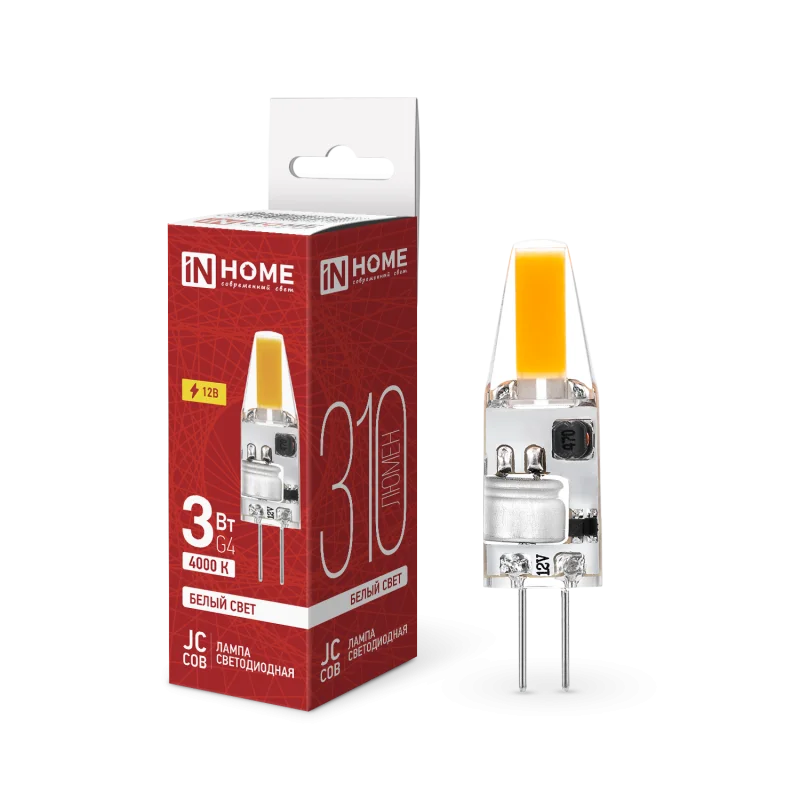 Лампа светодиодная LED-JC-COB 3Вт 12В G4 4000К 310Лм IN HOME
