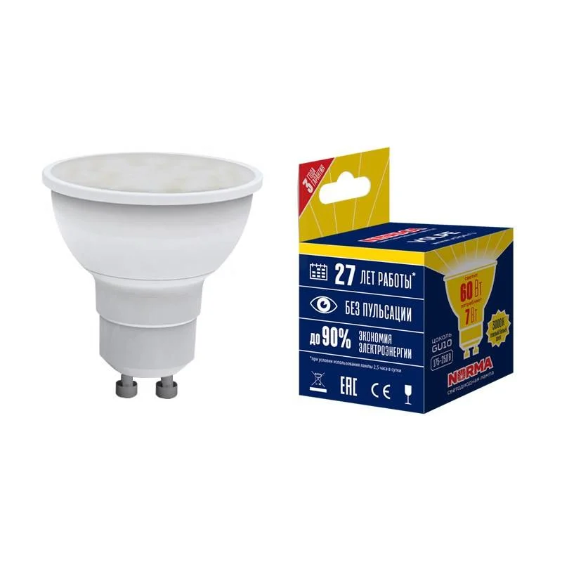 Лампа светодиодная LED-JCDR-10W/WW/GU10/NR, форма JCDR, матовая, Norma, теплый белый свет (3000K), картон, ТМ Volpe