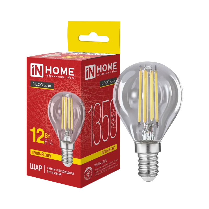 Лампа светодиодная LED-ШАР-deco 12Вт 230В Е14 3000К 1350Лм прозрачная IN HOME